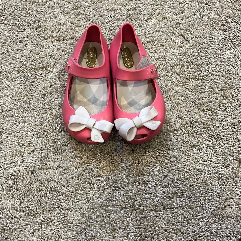 Pink sandals- bottom is a little bit dirty, some scuffs on the side of the shoe